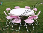 60' Round Table with 8 Pink Extra Wide Plastic Chairs $26.95 set