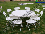 60' Round Table with 8 White Extra Wide Plastic Chairs $24.95 set