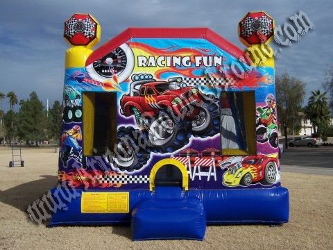 4 & 1 Racing Fun Jumpy Rental with 14’ Slide and Basketball hoop inside